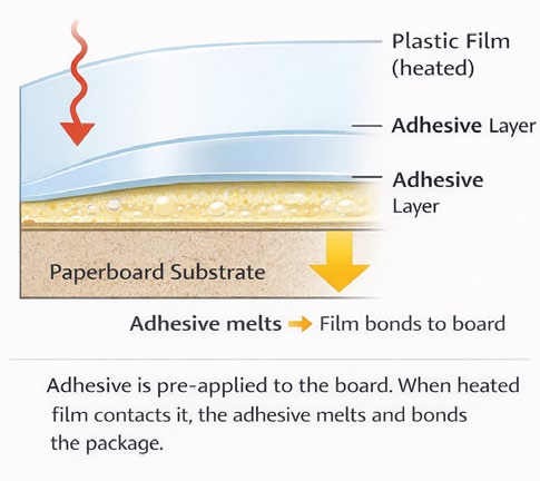 Skin packaging adhesive applied to board